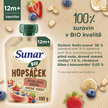 SUNAR Ovocné vrecko hopsáčik jahoda, banán, čučoriedka a ovsené vločky BIO 100 g