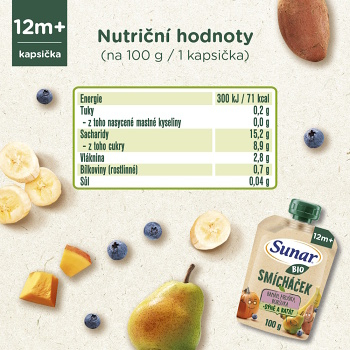 SUNAR Ovocné vrecko zmiešavač banán, hruška, tekvica, batáty a čučoriedky BIO 100 g (Ovocné príkrmy) - BIO, Ekologické - obrázok 3/4
