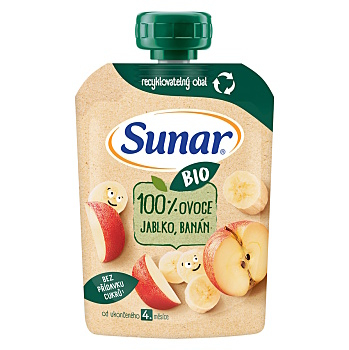SUNAR BIO ovocné vrecko jablko, banán 100 g 4m+ (Desiatové kapsičky) - BIO, Ekologické