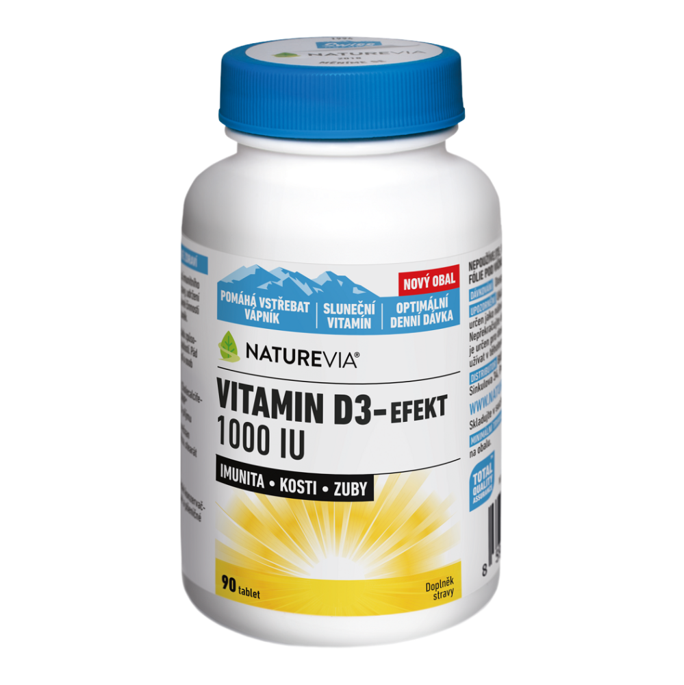 NatureVia Vitamin D3 Efekt 1000 IU tablety pre normálnu funkciu imunitného systému, stav kostí, zubov a činnosť svalov 90 tbl