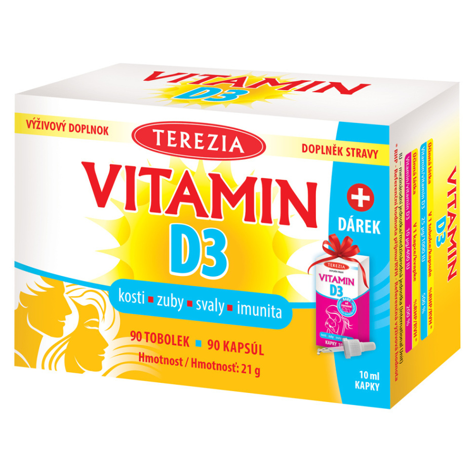 TEREZIA Vitamín D3 1000 IU 90 kapsúl + Vitamín D3 kvapky 10 ml DARČEK zadarmo