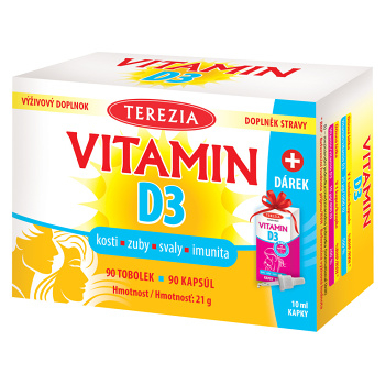 TEREZIA Vitamín D3 1000 IU 90 kapsúl + Vitamín D3 kvapky 10 ml DARČEK zadarmo