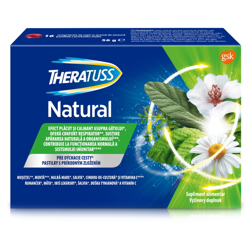 Theratuss Natural pastilky na podporu normálnej funkcie dýchacieho ústrojenstva 16 ks kúpite na Mojalekaren.sk