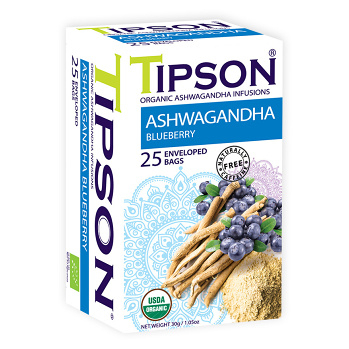 TIPSON Bylinný čaj s ashwagandhou a prírodnou arómou čučoriedok BIO 25 sáčkov