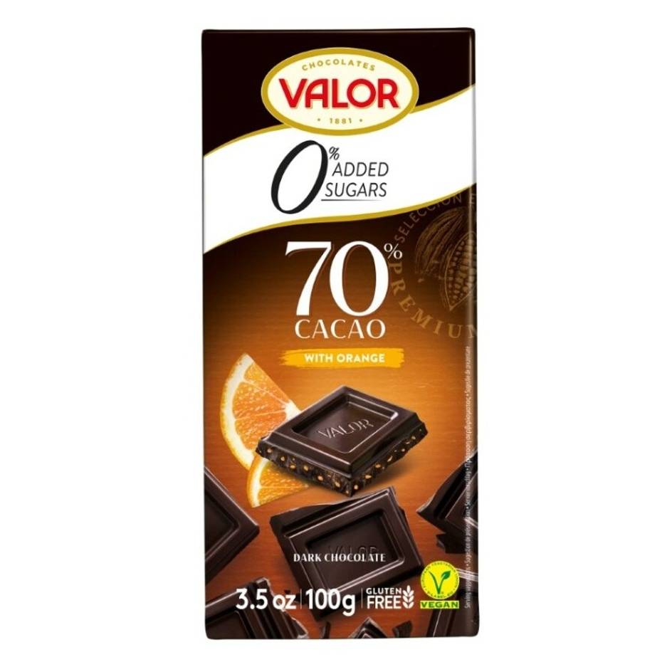 E-shop VALOR Čokoláda 70% kakaa s kúskami pomaranča bez prídavku cukru 100 g