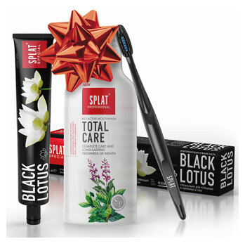 Vianočný SPLAT Trio Black Lotus & Total Care zubná pasta a voda s kefkou navyše 75 + 275 ml