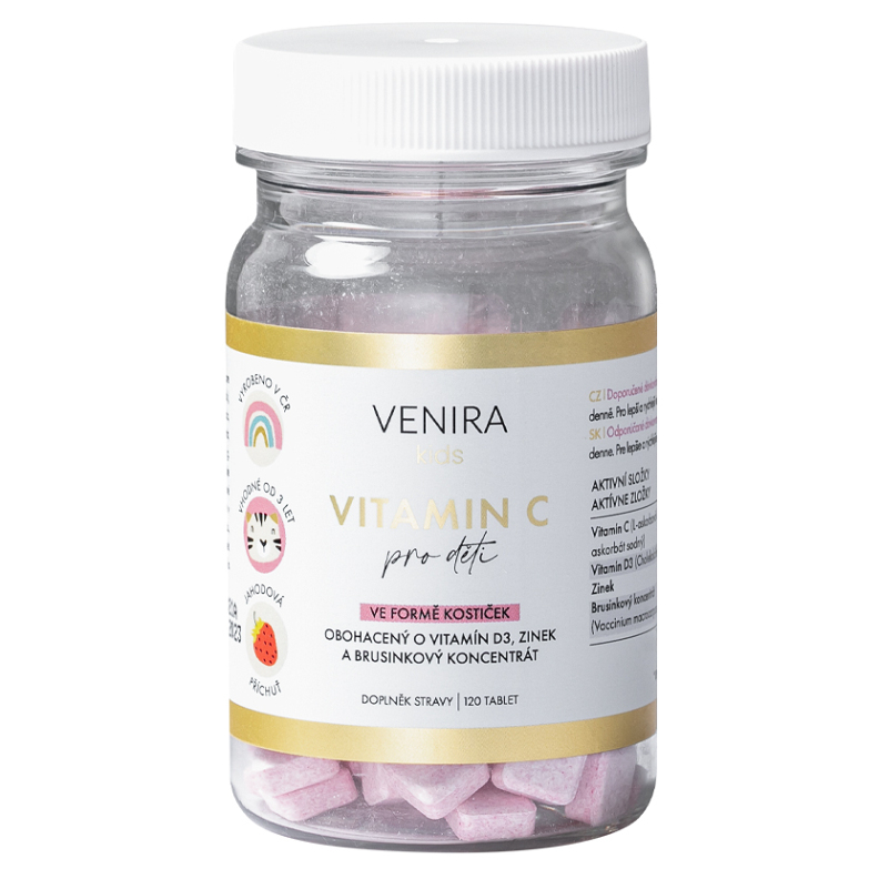 Venira Kids Vitamin C tablety na cmúľanie na podporu imunity, zníženie miery únavy a vyčerpania príchuť Strawberry 120 tbl