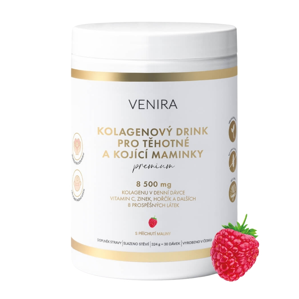 Venira PREMIUM kolagénový drink pre tehotné a dojčiace mamičky prášok na prípravu nápoja pre krásne vlasy, pleť a nechty príchuť Raspberry 324 g