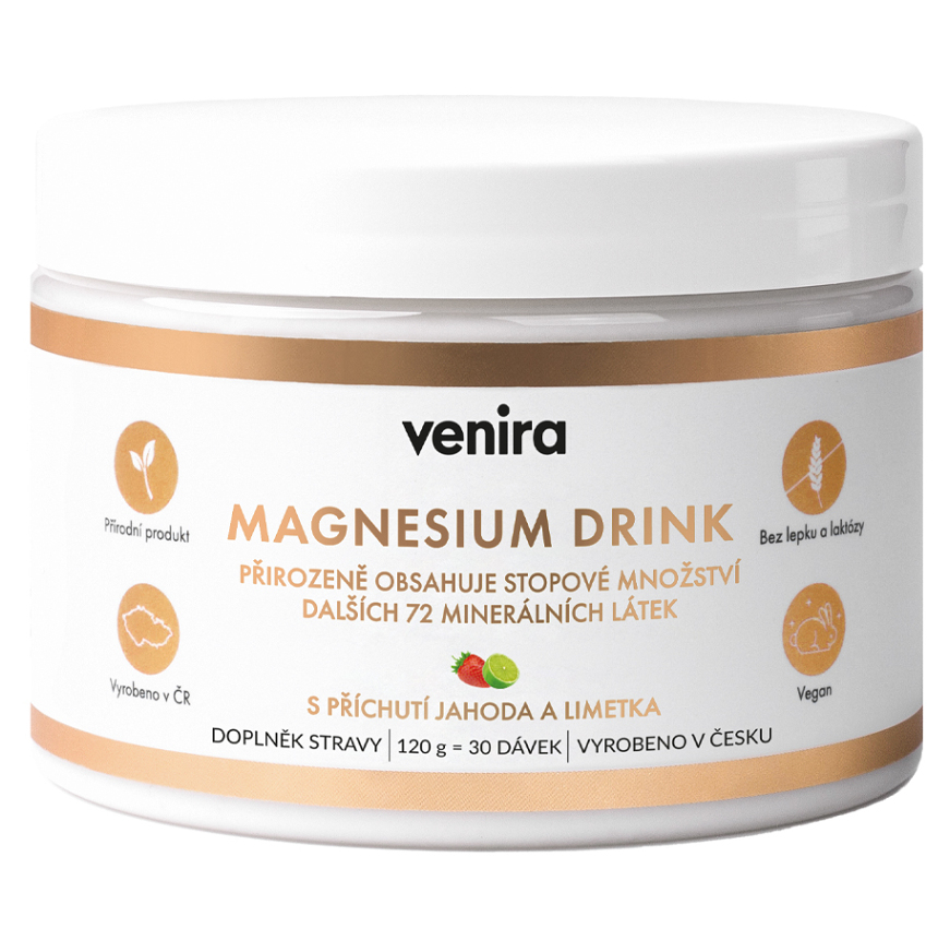 Venira Magnézium Drink prášok na prípravu nápoja na podporu zníženia únavy a vyčerpania, pre normálny stav zubov, kostí a svalov príchuť Strawberry-Li