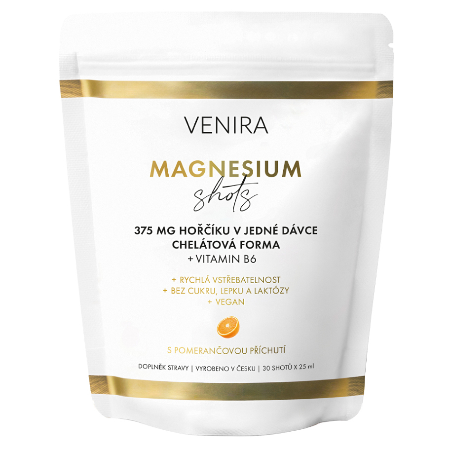 Venira Magnézium Shots nápoj na podporu zníženia únavy a vyčerpania, pre normálny stav zubov, kostí a svalov príchuť Orange 30x25 ml