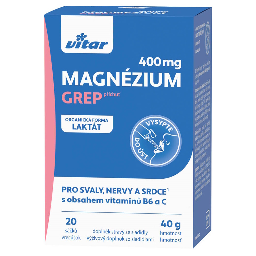 VITAR Magnézium 400 mg + vitamíny B6 a C príchuť grep 20 vresúčok kúpite na Mojalekaren.sk