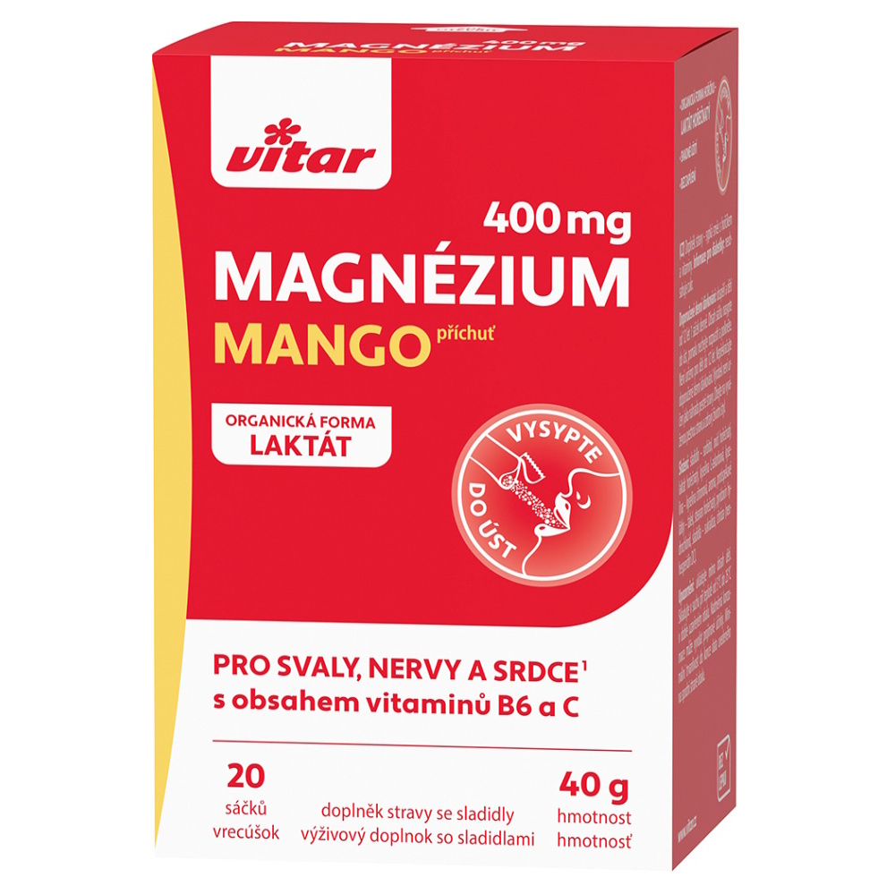 VITAR Magnézium 400 mg + vitamín B6 + vitamín C s príchuťou mango 20 sáčkov kúpite na Mojalekaren.sk