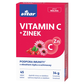 VITAR Vitamín C + zinok + echinacea + šípky s príchuťou maliny 30+15 tabliet