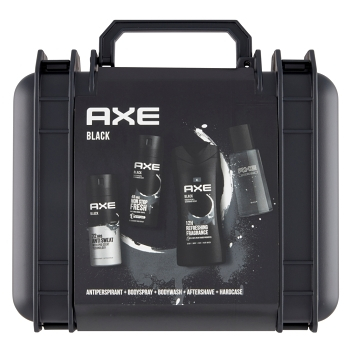 AXE Black antiperspirant, dezodorant, sprchový gél, voda po holení 150 ml + 150 ml + 400 ml + 100 ml dierkové balenie v kufríku, poškodený obal