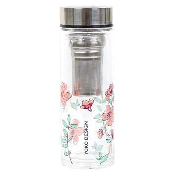 YOKO Design sklenená fľaša so sitkom na čaj ružová 350 ml